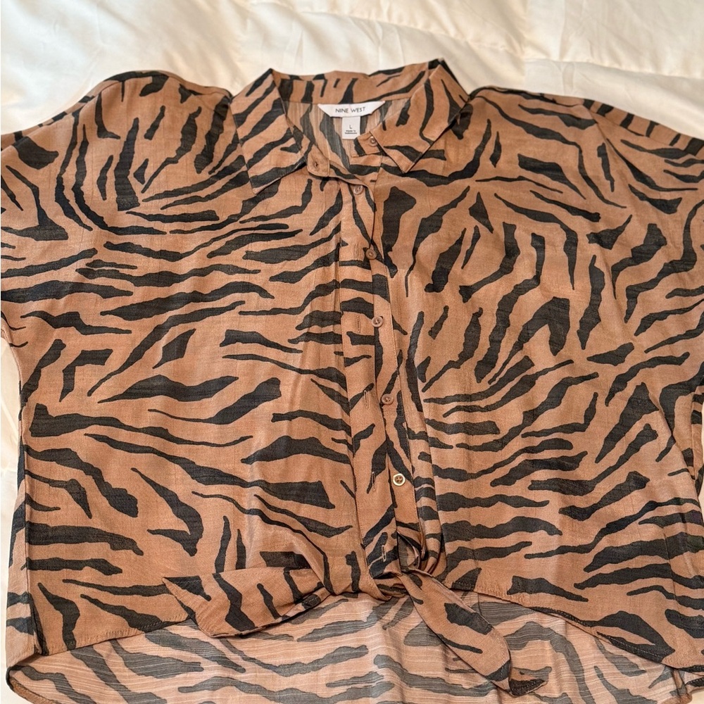 Nine West Tan and Brown Button Down Crop Top